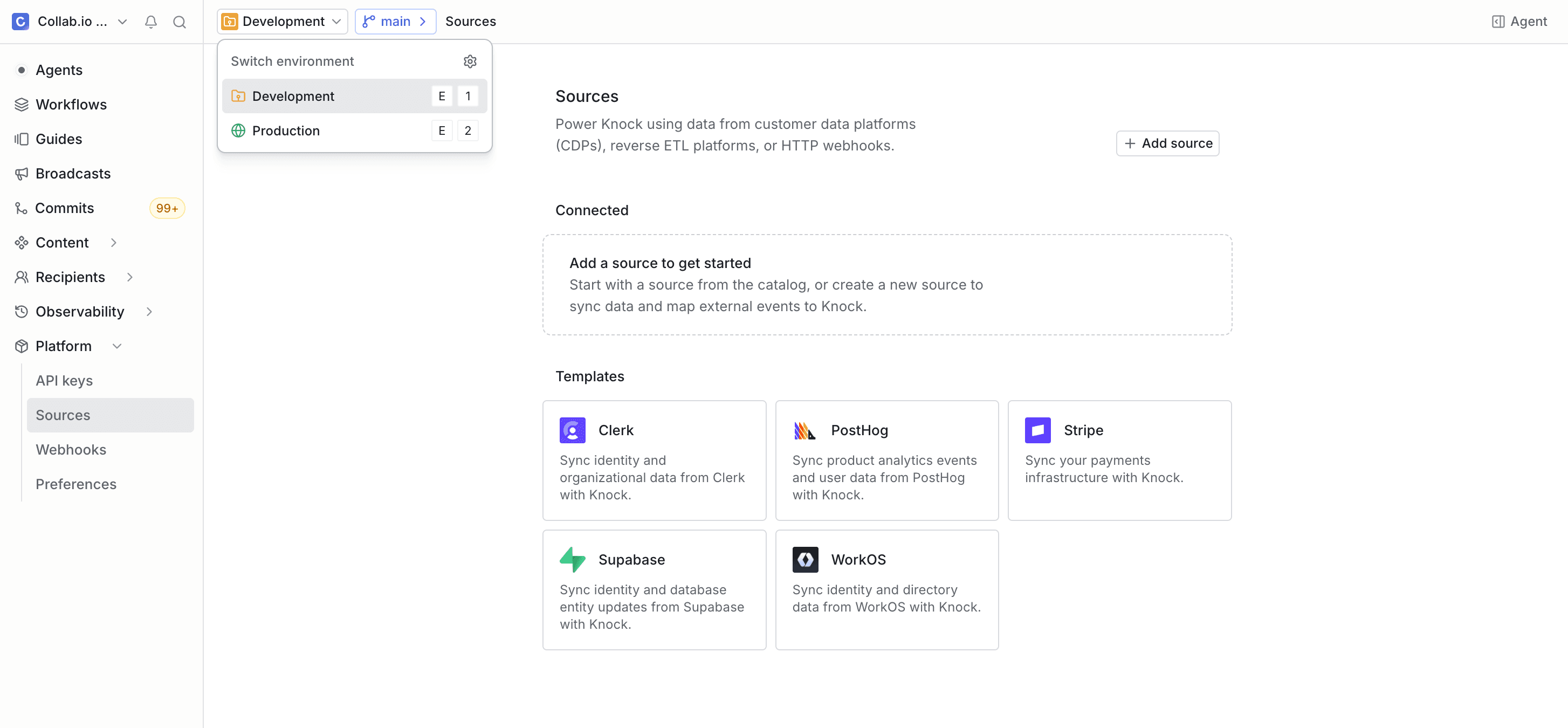 The environment switcher dropdown in the Knock dashboard header, showing available environments for a source
